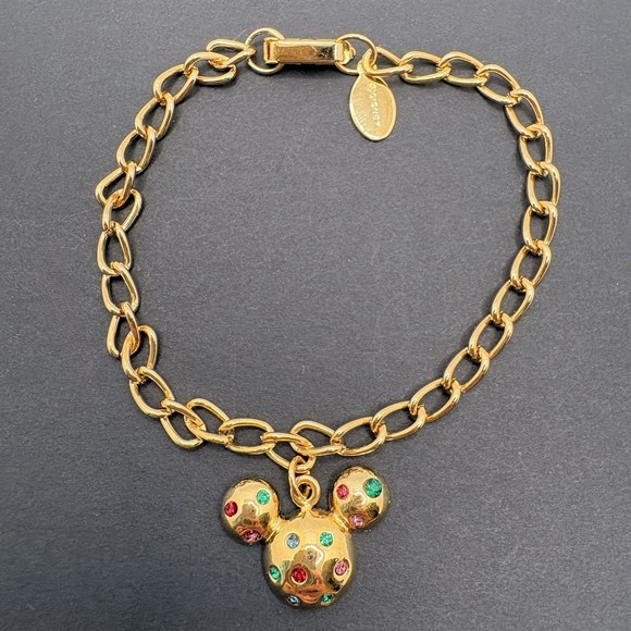 Disney Jewelry - Vintage Disney Puffy Mickey Mouse Charm Bracelet Rhinestones Gold Tone 7"